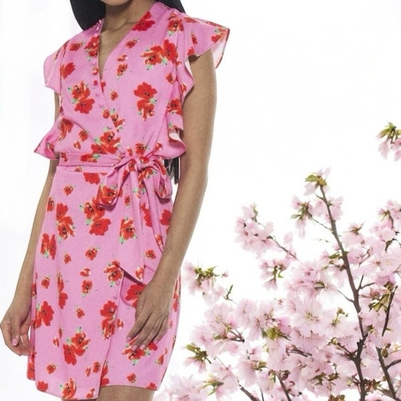 NWT Alexia Admor ‘Maia’ Flutter Sleeve Wrap Mini Dress in “Pink Floral” Size 8 - Picture 1 of 6